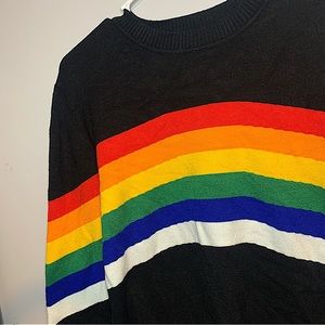 NEW RAINBOW STRIPED BLACK LONG SLEEVE CREW NECK COTTON SWEATSHIRT WOMENS MEDIUM